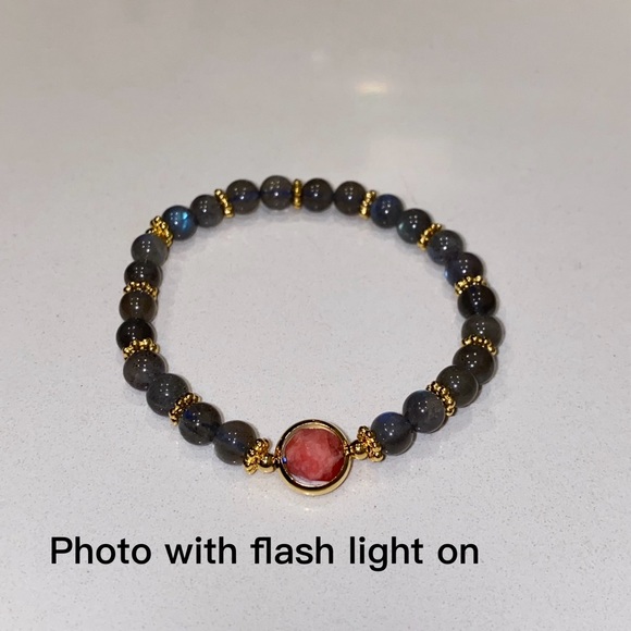 Natural Gray Moonstone With Red Crystal Stretch Bracelet - Picture 3 of 6